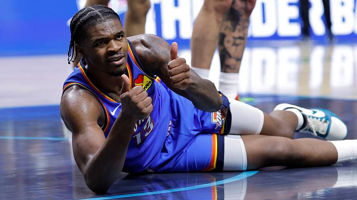 Oct 6, 2026; Tulsa, Oklahoma, USA; Oklahoma City Thunder guard Otega Oweh (13) gives a thumbs up after a play against the New Orleans Pelicans during the second half at BOK Center. Mandatory Credit: Alonzo Adams-Imagn Images