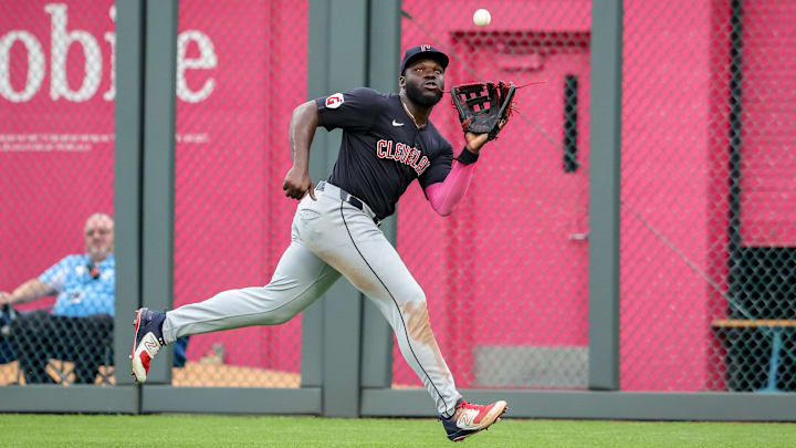 Jun 28, 2023; Kansas City, Missouri, USA; Cleveland Guardians outfield Jhonkensy Noel (43) catches a pop fly during the fifth inning against the Kansas City Royals at Kauffman Stadium. Mandatory Credit: William Purnell-Imagn Images Jun 28, 2023; Kansas City, Missouri, USA; Cleveland Guardians outfield Jhonkensy Noel (43) catches a pop fly during the fifth inning against the Kansas City Royals at Kauffman Stadium. Mandatory Credit: William Purnell-Imagn Images