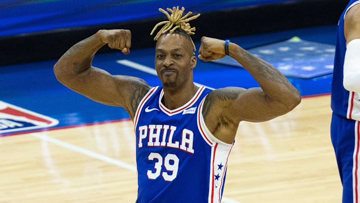 Jun 8, 2021; Philadelphia, Pennsylvania, USA; Philadelphia 76ers center Dwight Howard (39) reacts after scoring against the Atlanta Hawks during the fourth quarter in game two of the second round of the 2021 NBA Playoffs at Wells Fargo Center. Mandatory Credit: Bill Streicher-Imagn Images