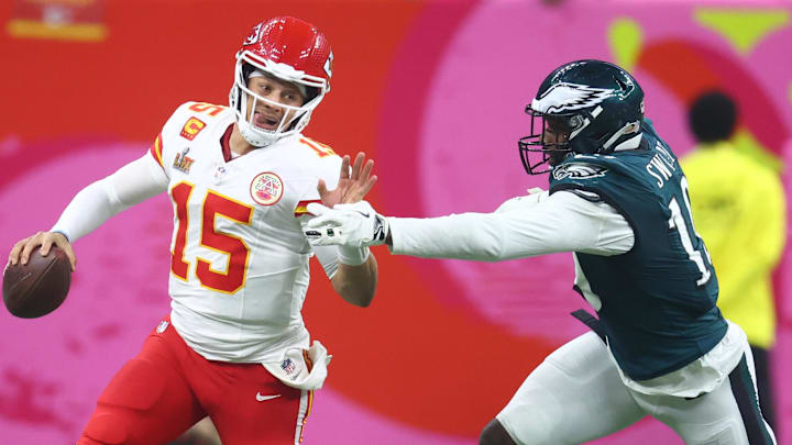 Kansas City Chiefs quarterback Patrick Mahomes (15) is tackled by Philadelphia Eagles linebacker Josh Sweat (19) in Super Bowl LIX between the Philadelphia Eagles and the Kansas City Chiefs at Ceasars Superdome. Mandatory Credit: Mark J. Rebilas-Imagn Images