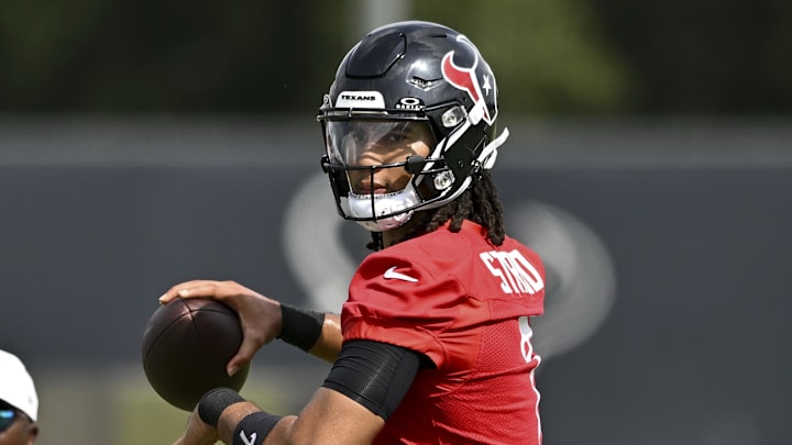 Jun 10, 2025; Houston, TX, USA; Houston Texans quarterback C.J. Stroud (7) participates in a drill during an NFL football minicamp at NRG Stadium. Mandatory Credit: Maria Lysaker-Imagn Images 