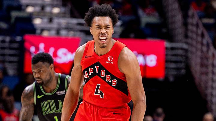Mar 11, 2026; New Orleans, Louisiana, USA; Toronto Raptors forward/guard Scottie Barnes (4) reacts to making a three point basket against the New Orleans Pelicans during the first half at Smoothie King Center. Mandatory Credit: Stephen Lew-Imagn Images Mar 11, 2026; New Orleans, Louisiana, USA; Toronto Raptors forward/guard Scottie Barnes (4) reacts to making a three point basket against the New Orleans Pelicans during the first half at Smoothie King Center. Mandatory Credit: Stephen Lew-Imagn Images