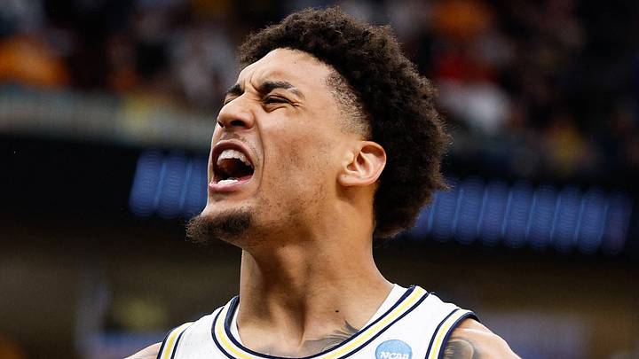 Michigan Wolverines forward Yaxel Lendeborg (23) reacts in the second half against the Tennessee Volunteers during an Elite Eight game of the Midwest Regional of the men's 2026 NCAA Tournament at United Center on March 29, 2026.