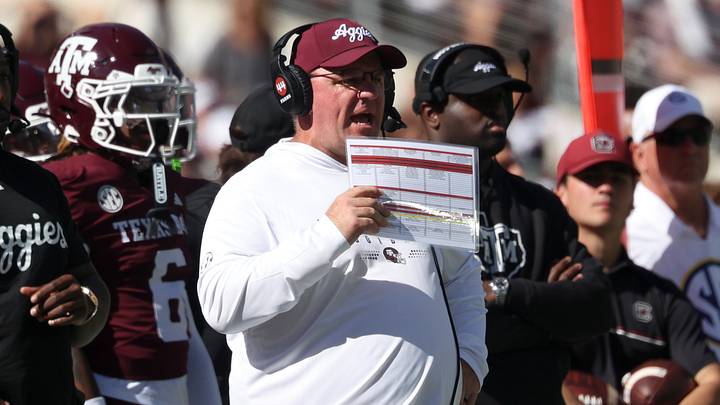 Texas A&M Aggies head coach Mike Elko reacts on the sideline during the second quarter against the South Carolina Gamecocks at Kyle Field. Texas A&M Aggies head coach Mike Elko reacts on the sideline during the second quarter against the South Carolina Gamecocks at Kyle Field.