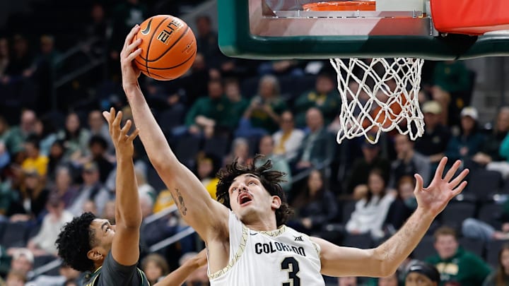 Feb 4, 2026; Waco, Texas, USA;  Colorado Buffaloes forward Alon Michaeli (3) grabs a rebound against Baylor Bears center Caden Powell (44) during the second half at Paul and Alejandra Foster Pavilion. Mandatory Credit: Chris Jones-Imagn Images