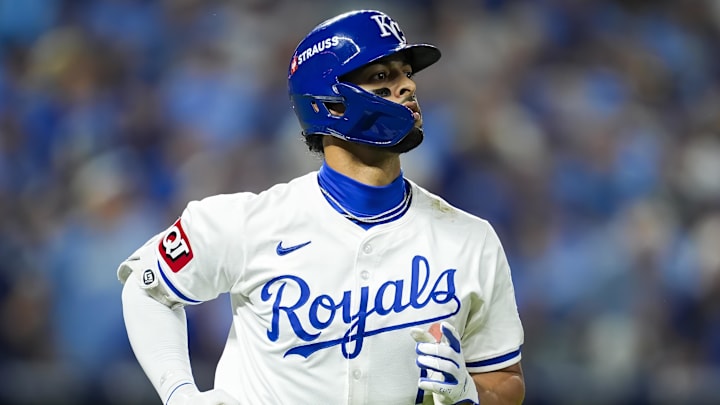 Oct 10, 2024; Kansas City, Missouri, USA; Kansas City Royals outfielder MJ Melendez (1) runs to first base during the fifth inning against the New York Yankees in game four of the ALDS for the 2024 MLB Playoffs at Kauffman Stadium. Mandatory Credit: Jay Biggerstaff-Imagn Images
