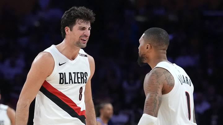 Oct 27, 2026: Portland Trail Blazers guard Damian Lillard and forward Deni Avdija celebrate in the final minute against the Los Angeles Lakers at Crypto.com Arena. Mandatory Credit: Kirby Lee Oct 27, 2026: Portland Trail Blazers guard Damian Lillard and forward Deni Avdija celebrate in the final minute against the Los Angeles Lakers at Crypto.com Arena. Mandatory Credit: Kirby Lee