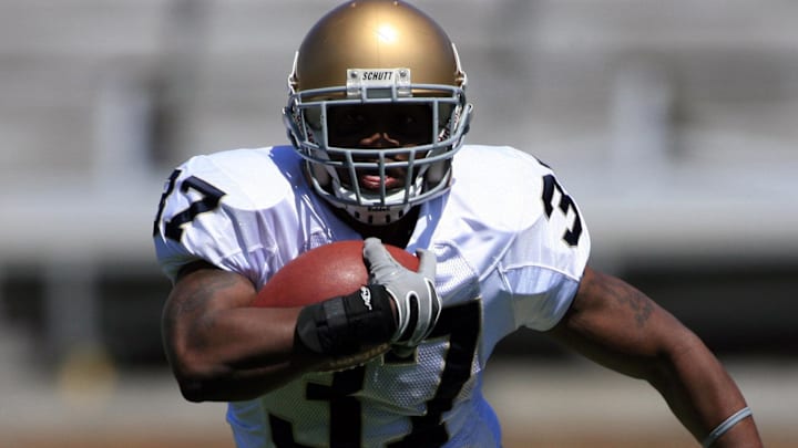 Apr. 21, 2007; South Bend, IN, USA;  Notre Dame Fighting Irish running back Junior Jabbie (37) runs the ball in the first quarter of the Blue-Gold football game at Notre Dame Stadium. 
