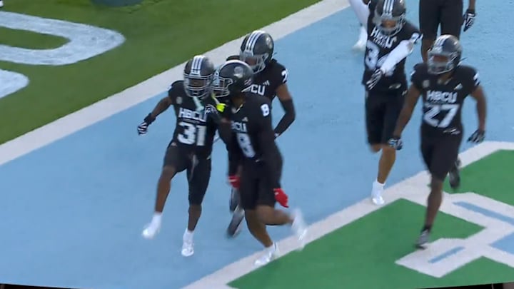 Team Robinson’s Blake Davis celebrates with teammates after scoring on a pick-six in the HBCU Legacy Bowl. Team Robinson’s Blake Davis celebrates with teammates after scoring on a pick-six in the HBCU Legacy Bowl.