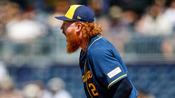 Aug 12, 2026; San Diego, California, USA; Milwaukee Brewers starting pitcher Dustin May (21) celebrates during the seventh inning against the San Diego Padres at Petco Park. Mandatory Credit: David Frerker-Imagn Images