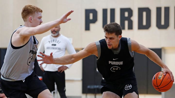 Purdue Boilermakers guard Aaron Fine defends Purdue Boilermakers forward Camden Heide during practice, Purdue Boilermakers guard Aaron Fine defends Purdue Boilermakers forward Camden Heide during practice,