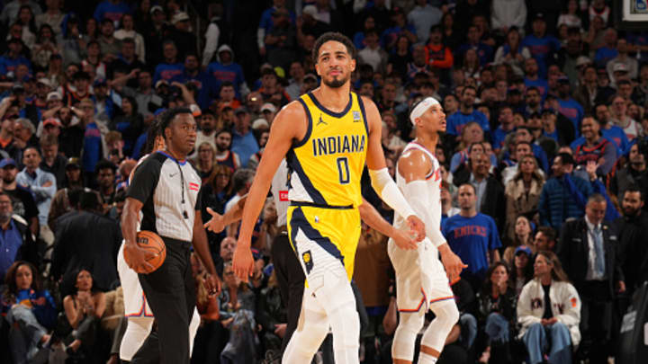Tyrese Haliburton #0 of the Indiana Pacers smiles during the game against the New York Knicks during Game 1 of the 2025 Eastern Conference Finals on May 21, 2025 at Madison Square Garden in New York City, New York.