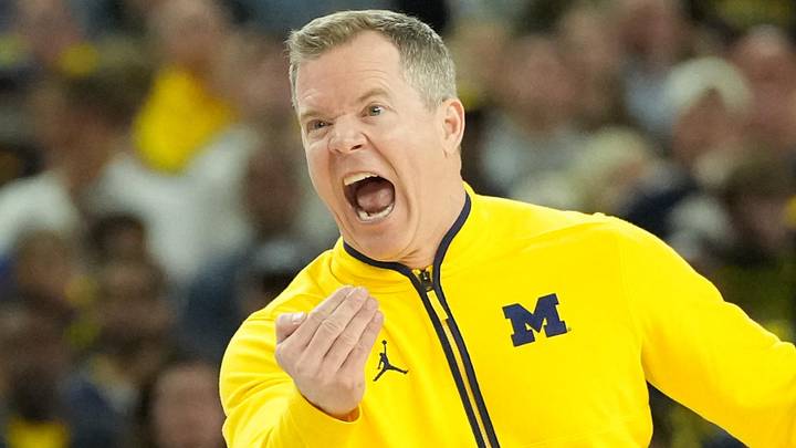 Apr 6, 2026; Indianapolis, IN, USA; Michigan Wolverines head coach Dusty May reacts against the Connecticut Huskies in the second half during the national championship of the Final Four of the men's 2026 NCAA Tournament at Lucas Oil Stadium. Mandatory Credit: Robert Deutsch-Imagn Images Apr 6, 2026; Indianapolis, IN, USA; Michigan Wolverines head coach Dusty May reacts against the Connecticut Huskies in the second half during the national championship of the Final Four of the men's 2026 NCAA Tournament at Lucas Oil Stadium. Mandatory Credit: Robert Deutsch-Imagn Images
