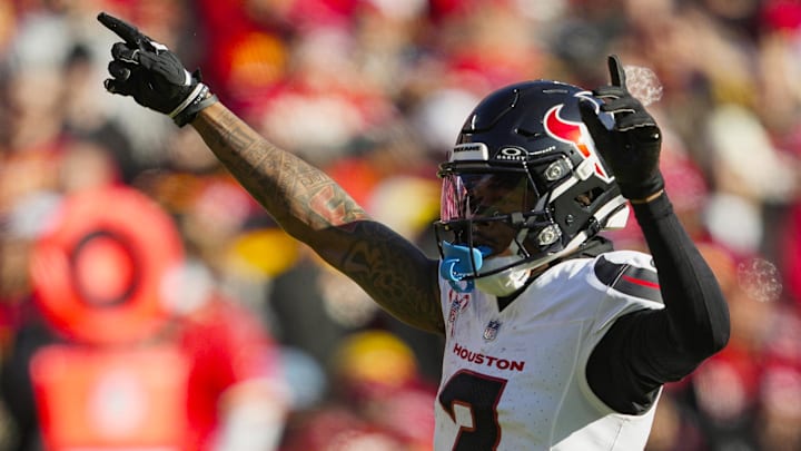 Dec 21, 2024; Kansas City, Missouri, USA; Houston Texans wide receiver Tank Dell (3) celebrates after a play during the first half against the Kansas City Chiefs at GEHA Field at Arrowhead Stadium. Mandatory Credit: Jay Biggerstaff-Imagn Images