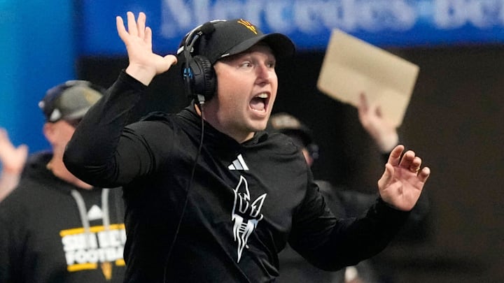 Arizona State head coach Kenny Dillingham calls a play against Texas during the fourth quarter in the Chick-fil-A Peach Bowl in Atlanta on Wednesday, Jan. 1, 2025. Arizona State head coach Kenny Dillingham calls a play against Texas during the fourth quarter in the Chick-fil-A Peach Bowl in Atlanta on Wednesday, Jan. 1, 2025.
