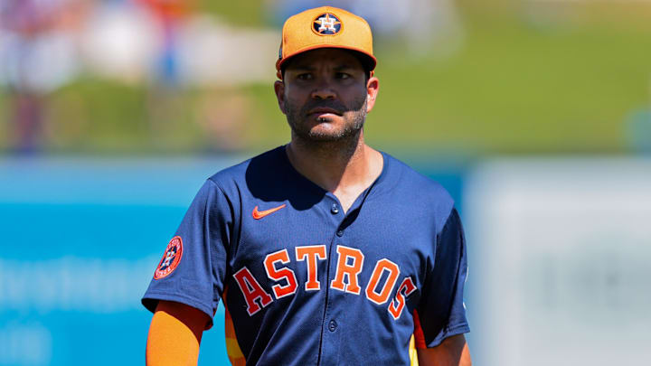 Mar 11, 2025; West Palm Beach, Florida, USA; Houston Astros left fielder Jose Altuve (27) looks on against the New York Mets during the second inning at CACTI Park of the Palm Beaches. 