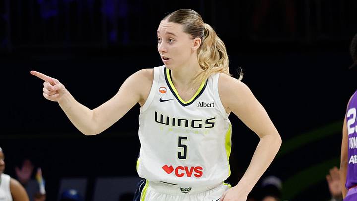 Jun 11, 2026; Arlington, Texas, USA; Dallas Wings guard Paige Bueckers (5) celebrates after scoring a three-point basket against the Phoenix Mercury during the second half at College Park Center. Mandatory Credit: Chris Jones-Imagn Images Jun 11, 2026; Arlington, Texas, USA; Dallas Wings guard Paige Bueckers (5) celebrates after scoring a three-point basket against the Phoenix Mercury during the second half at College Park Center. Mandatory Credit: Chris Jones-Imagn Images
