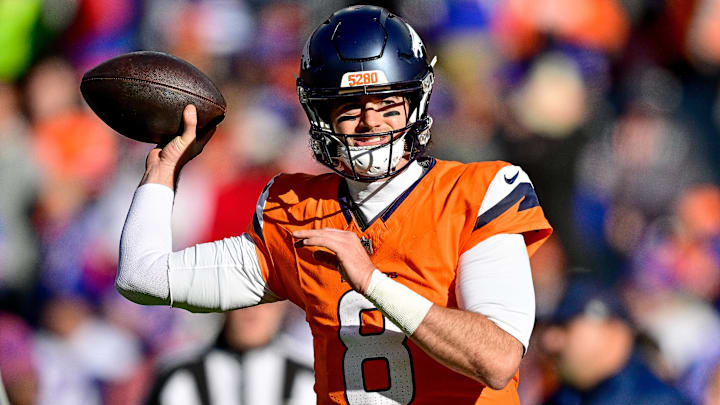 DENVER, CO - JANUARY 17: Denver Broncos quarterback Jarrett Stidham (8) warms up before the AFC Divisional Round game against the Buffalo Bills at Empower Field at Mile High on January 17, 2026 in Denver, Colorado. 