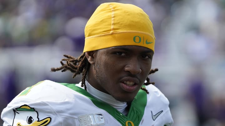 Sep 13, 2025; Evanston, Illinois, USA; Headshot of Oregon Ducks wide receiver Dakorien Moore (1)  against the Northwestern Wildcats during the second half at Northwestern Medicine Field at Martin Stadium. Mandatory Credit: David Banks-Imagn Images