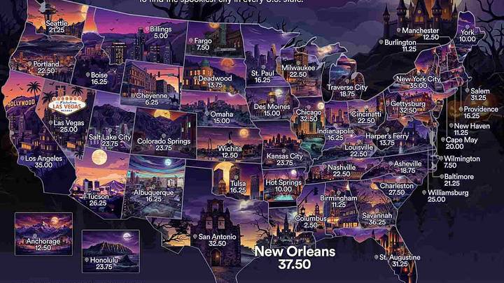 Map showing the spookiest cities in every U.S. state