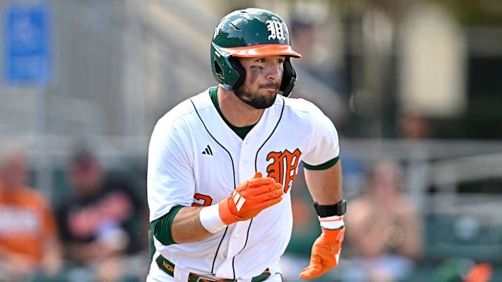 Miami Hurricanes right fielder Derek Williams (No. 2) against Lafayette 