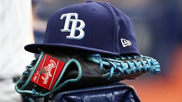 Sep 6, 2019; St. Petersburg, FL, USA; A detail view of a Tampa Bay Rays hat and glove at Tropicana Field. Mandatory Credit: Kim Klement-USA TODAY Sports