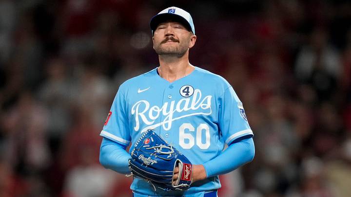 Kansas City Royals pitcher Lucas Erceg (60) takes a breath before throwing a pitch in the ninth inning of the MLB Interleague game between the Cincinnati Reds and the Kansas City Royals at Great American Ball Park in Cincinnati on Tuesday, June 2, 2026. The Reds won 4-3 on a walkoff hit by Blake Dunn, scoring Spencer Steer from second base in the 10th inning. Kansas City Royals pitcher Lucas Erceg (60) takes a breath before throwing a pitch in the ninth inning of the MLB Interleague game between the Cincinnati Reds and the Kansas City Royals at Great American Ball Park in Cincinnati on Tuesday, June 2, 2026. The Reds won 4-3 on a walkoff hit by Blake Dunn, scoring Spencer Steer from second base in the 10th inning.