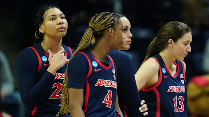 Mar 23, 2024; Storrs, Connecticut, USA; Arizona Wildcats head coach Adia Barnes with her team during a break in the action as they take on the Syracuse Orange at Harry A. Gampel Pavilion. Mandatory Credit: David Butler II-Imagn Images Mar 23, 2024; Storrs, Connecticut, USA; Arizona Wildcats head coach Adia Barnes with her team during a break in the action as they take on the Syracuse Orange at Harry A. Gampel Pavilion. Mandatory Credit: David Butler II-Imagn Images
