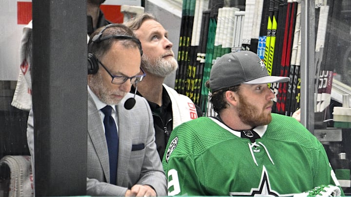 May 23, 2023; Dallas, Texas, USA; Dallas Stars goaltender Jake Oettinger (29) sits by the team bench after being pulled in the game against the Vegas Golden Knights during the first period in game three of the Western Conference Finals of the 2023 Stanley Cup Playoffs at American Airlines Center. Mandatory Credit: Jerome Miron-Imagn Images