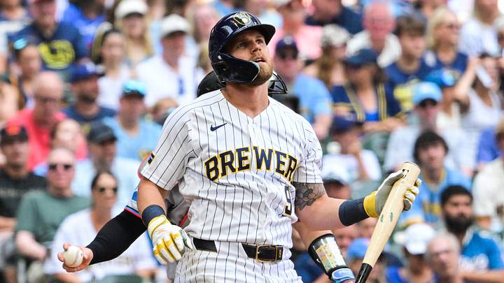 Jul 19, 2026; Milwaukee, Wisconsin, USA;  Milwaukee Brewers first baseman Jake Bauers (9) reacts after striking out in the fourth inning against the Miami Marlins at American Family Field. Mandatory Credit: Benny Sieu-Imagn Images