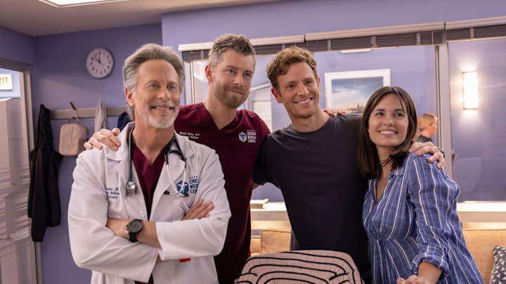 CHICAGO MED -- "Horseshoes and Hand Grenades" Episode 1103 -- Pictured: (l-r) Steven Weber as Dr. Dean Archer, Luke Mitchell as Dr. Mitch Ripley, Nick Gehlfuss as Dr. Will Halstead, Torrey DeVitto as Dr. Natalie Manning -- (Photo by: George Burns Jr/NBC) CHICAGO MED -- "Horseshoes and Hand Grenades" Episode 1103 -- Pictured: (l-r) Steven Weber as Dr. Dean Archer, Luke Mitchell as Dr. Mitch Ripley, Nick Gehlfuss as Dr. Will Halstead, Torrey DeVitto as Dr. Natalie Manning -- (Photo by: George Burns Jr/NBC)
