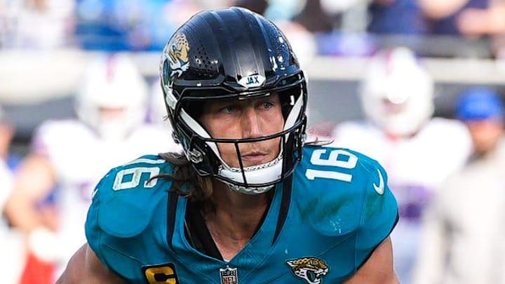 Jacksonville Jaguars quarterback Trevor Lawrence (16) runs during the fourth quarter in an NFL football AFC Wild Card playoff matchup, Sunday, Jan. 11, 2026, in Jacksonville, Fla. Bills lead 10-7 at the half over the Jaguars. The Bills defeated the Jaguars 27-24. 