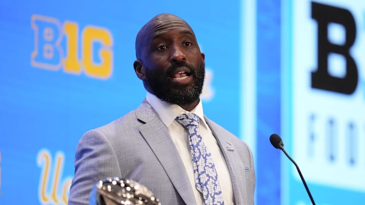 Jul 24, 2025; Las Vegas, NV, USA; UCLA head coach DeShaun Foster speaks to the media during the Big Ten NCAA college football media days at Mandalay Bay Resort. Mandatory Credit: Lucas Peltier-Imagn Images