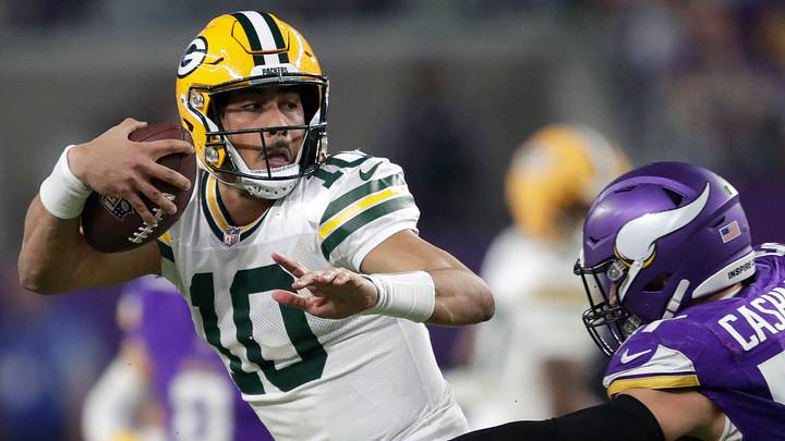Green Bay Packers quarterback Jordan Love (10) is tackled by Minnesota Vikings linebacker Blake Cashman in 2024. Green Bay Packers quarterback Jordan Love (10) is tackled by Minnesota Vikings linebacker Blake Cashman in 2024.