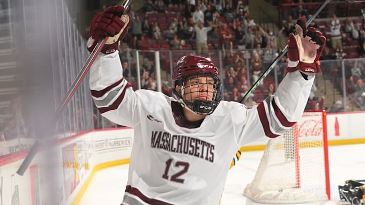Massachusetts freshman hockey forward Lukas Klecka celebrates after scoring in the Minutemen's 2025-26 season opener against Northern Michigan on Friday, Oct. 5. 