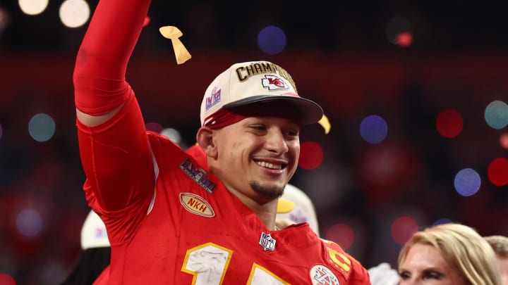 Feb 11, 2024; Paradise, Nevada, USA; Kansas City Chiefs quarterback Patrick Mahomes (15) celebrates