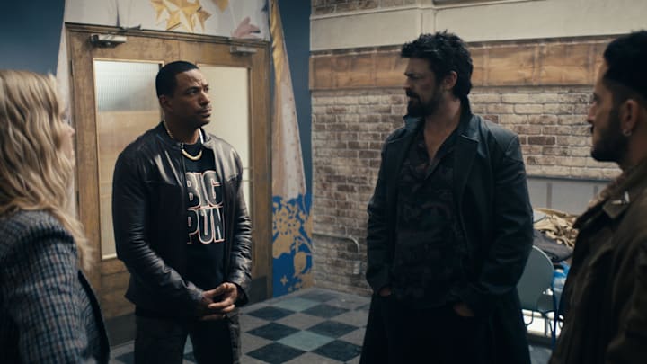 Erin Moriarty (Annie January aka Starlight), Laz Alonso (Mother's Milk), Karl Urban (Billy Butcher), Tomer Capone (Frenchie) in The Boys season 4 - Credit: Prime Video