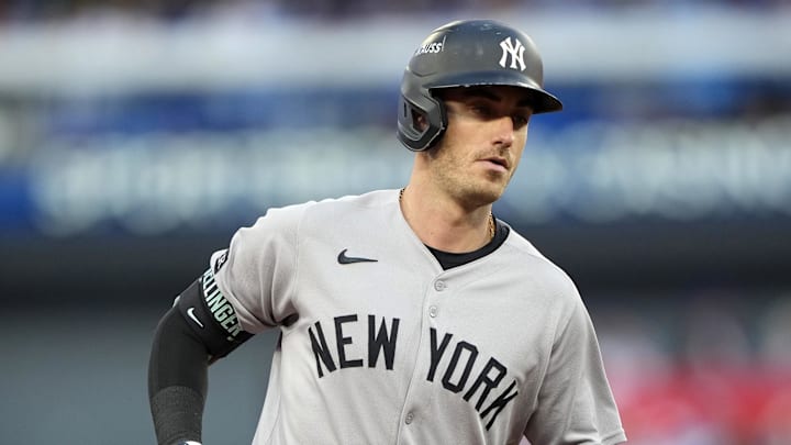 Oct 5, 2025; Toronto, Ontario, CAN; New York Yankees left fielder Cody Bellinger (35) rounds the bases after hitting a home run in the sixth inning against the Toronto Blue Jays during game two of the ALDS round for the 2025 MLB playoffs at Rogers Centre. Mandatory Credit: Kevin Sousa-Imagn Images