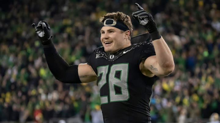 Oregon inside linebacker Bryce Boettcher dances to “Shout” as the No. 1 Oregon Ducks host the Washington Huskies Saturday, Nov. 30, 2024 at Autzen Stadium in Eugene, Ore.