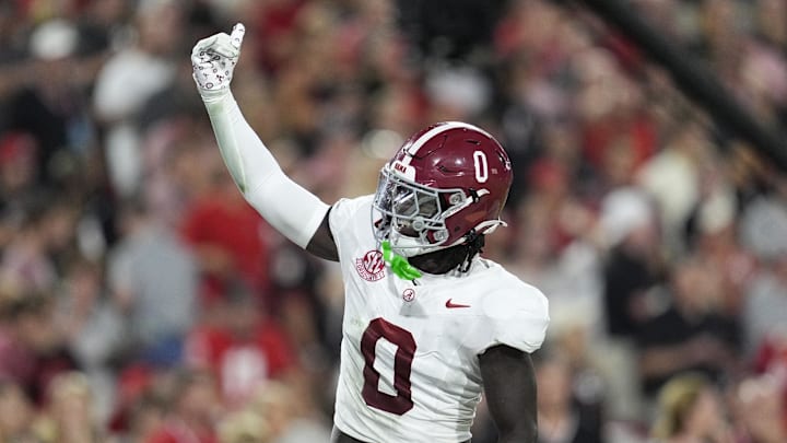 Sep 27, 2025; Athens, Georgia, USA;  Alabama Crimson Tide linebacker Deontae Lawson (0)  reacts after a fumble recovery against the Georgia Bulldogs in the first half at Sanford Stadium. Mandatory Credit: Dale Zanine-Imagn Images Sep 27, 2025; Athens, Georgia, USA;  Alabama Crimson Tide linebacker Deontae Lawson (0)  reacts after a fumble recovery against the Georgia Bulldogs in the first half at Sanford Stadium. Mandatory Credit: Dale Zanine-Imagn Images