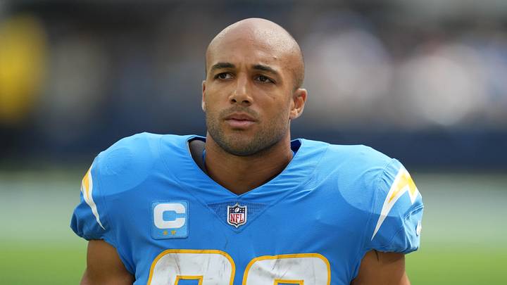 Sep 25, 2022; Inglewood, California, USA; Los Angeles Chargers running back Austin Ekeler (30) reacts against the Jacksonville Jaguars in the first half at SoFi Stadium. Mandatory Credit: Kirby Lee-USA TODAY Sports