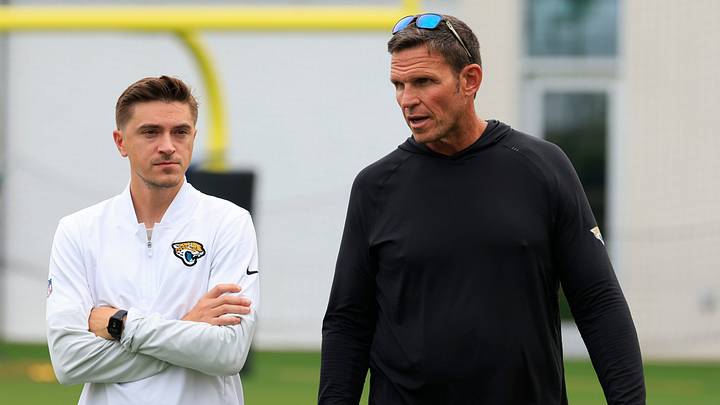 Jacksonville Jaguars general manager James Gladstone, left, and Executive Vice President of football operations Tony Boselli talk during the first day of NFL Training Camp at the Miller Electric Center on Wednesday, July 29, 2026, in Jacksonville, Fla. Jacksonville Jaguars general manager James Gladstone, left, and Executive Vice President of football operations Tony Boselli talk during the first day of NFL Training Camp at the Miller Electric Center on Wednesday, July 29, 2026, in Jacksonville, Fla.
