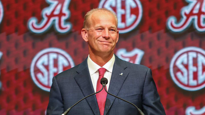 Jul 16, 2025; Atlanta, GA, USA; University of Alabama head coach Kalen Deboer talks to the media during the SEC Media Days at Omni Atlanta Hotel. Jul 16, 2025; Atlanta, GA, USA; University of Alabama head coach Kalen Deboer talks to the media during the SEC Media Days at Omni Atlanta Hotel.