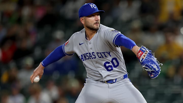 Apr 28, 2026; West Sacramento, California, USA; Kansas City Royals pitcher Lucas Erceg (60) throws a pitch against the Athletics during the tenth inning at Sutter Health Park. Mandatory Credit: Dennis Lee-Imagn Images