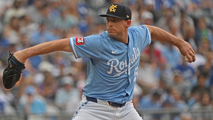 Jun 29, 2025; Kansas City, Missouri, USA;  Kansas City Royals starting pitcher Kris Bubic (50) throws a pitch in the first inning against the Los Angeles Dodgers at Kauffman Stadium. Mandatory Credit: Peter Aiken-Imagn Images