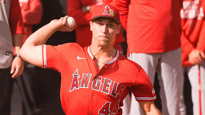 Feb 11, 2026; Tempe, AZ, USA;  Los Angeles Angels pitcher Ben Joyce during pitchers and catchers workouts at Tempe Diablo Stadium in Tempe Arizona. Mandatory Credit: Arianna Grainey-Imagn Images