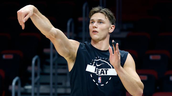 Mar 8, 2026; Miami, Florida, USA;  Miami Heat guard Pelle Larsson (9) warms up against the Detroit Pistons at Kaseya Center. Mandatory Credit: Rhona Wise-Imagn Images