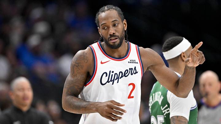Mar 21, 2026; Dallas, Texas, USA; LA Clippers forward Kawhi Leonard (2) celebrates making a three point shot against the Dallas Mavericks during the second half at the American Airlines Center. Mandatory Credit: Jerome Miron-Imagn Images