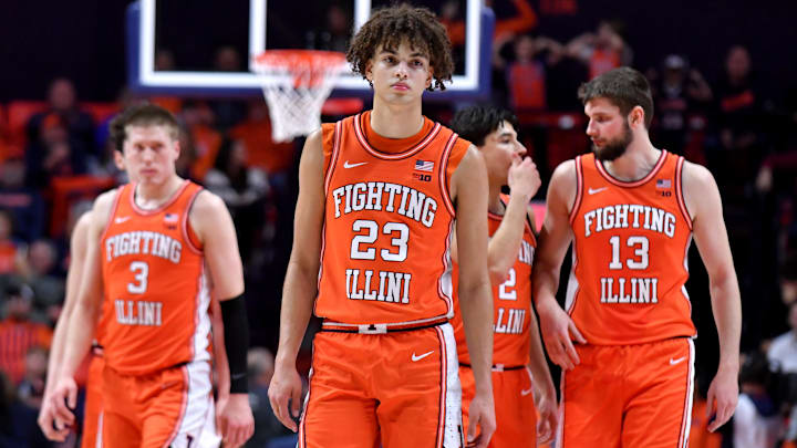 Jan 29, 2026; Champaign, Illinois, USA; Illinois Fighting Illini players walk up the court during the second half against the Washington Huskies at State Farm Center. Mandatory Credit: Ron Johnson-Imagn Images Jan 29, 2026; Champaign, Illinois, USA; Illinois Fighting Illini players walk up the court during the second half against the Washington Huskies at State Farm Center. Mandatory Credit: Ron Johnson-Imagn Images
