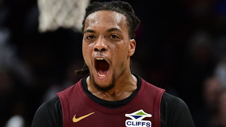 Nov 4, 2024; Cleveland, Ohio, USA; Cleveland Cavaliers guard Darius Garland (10) celebrates during the second half against the Milwaukee Bucks at Rocket Mortgage FieldHouse. Mandatory Credit: Ken Blaze-Imagn Images